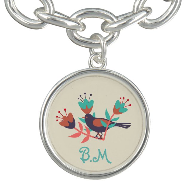 Folk Art Bird and Floral Monogram Bracelet (Design)