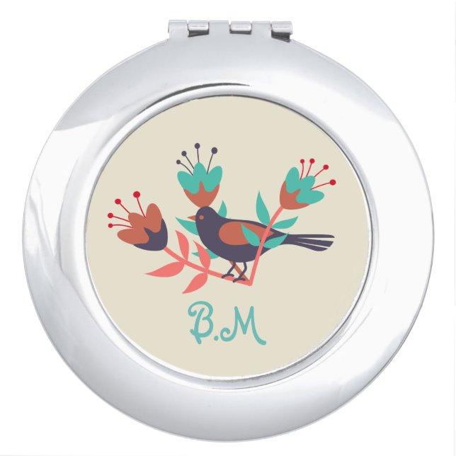 Folk Art Bird and Floral Monogram Compact Mirror (Front)