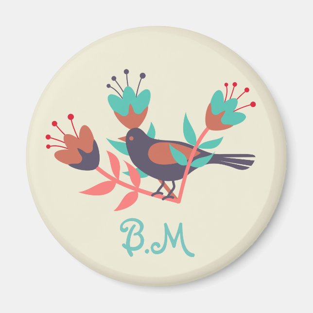 Folk Art Bird and Floral Monogram Magnet (Front)