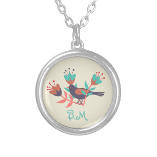 Folk Art Bird and Floral Monogram Silver Plated Necklace