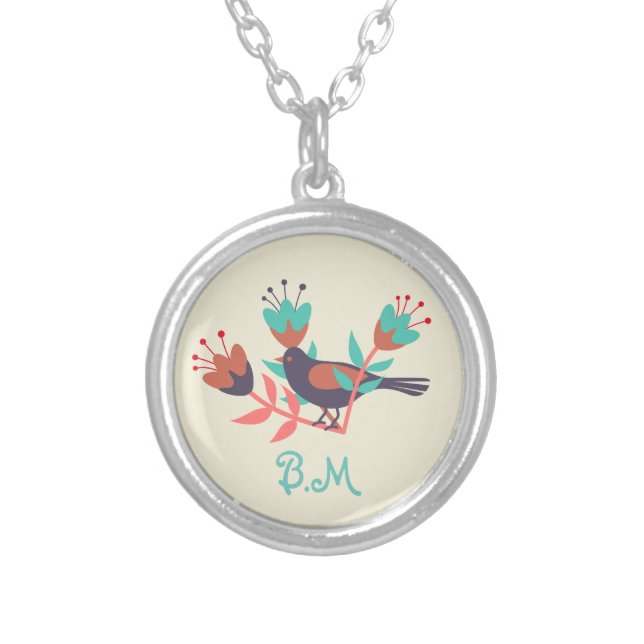 Folk Art Bird and Floral Monogram Silver Plated Necklace (Front)