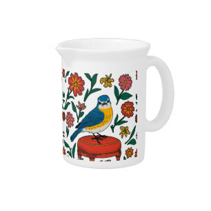 Folk Art Bird Floral Beverage Pitcher