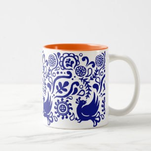 Folk Art Bird & Flower Pattern Blue & White Mug