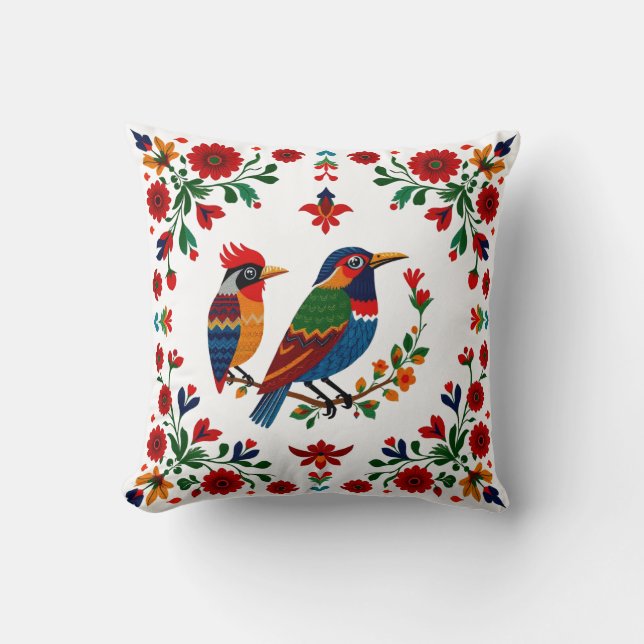 Folk Art Birds & Blooms – Symmetrical Natural Throw Pillow (Front)
