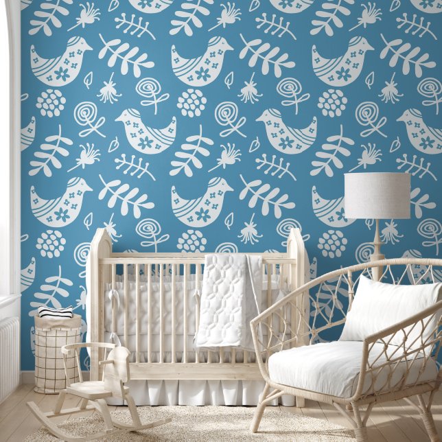 Folk Art Birds Blue White Wallpaper (Kids)