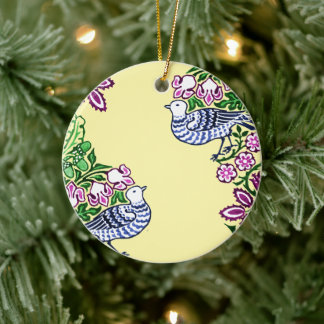 Folk Art Birds Flowers Acorns Ceramic Ornament