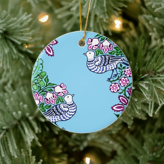 Folk Art Birds Flowers Acorns Ceramic Ornament (Tree)