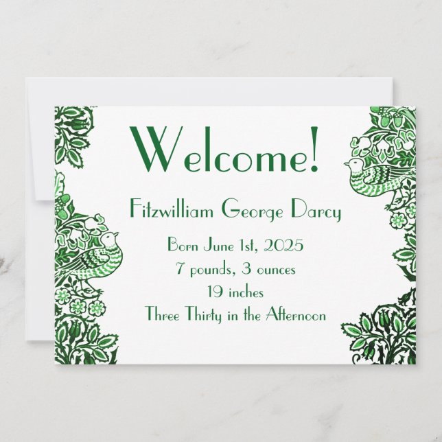 Folk Art Birds Flowers Acorns Green Invitation (Front)
