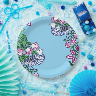 Folk Art Birds Flowers Acorns Paper Plates