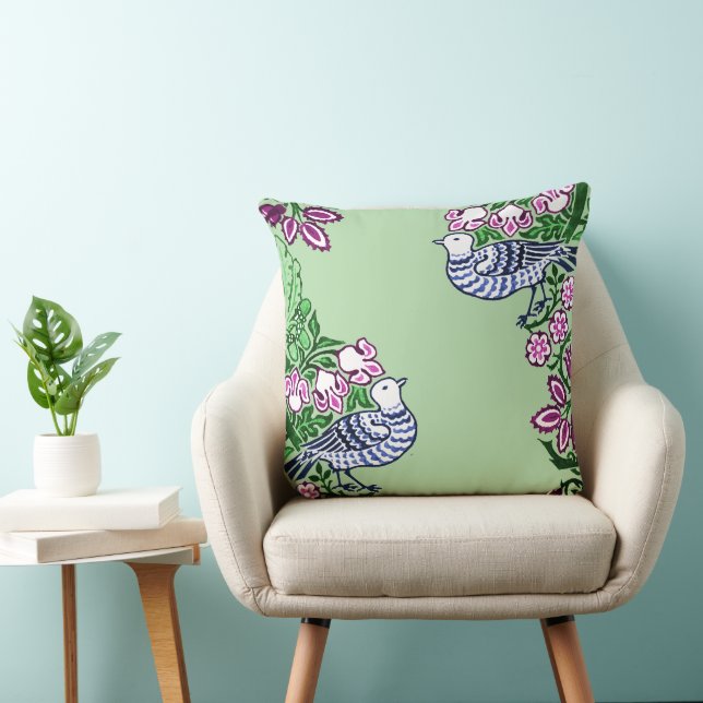 Folk Art Birds Flowers Acorns Throw Pillow (Chair)