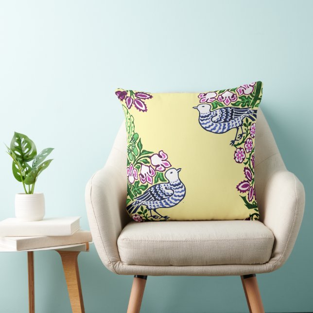 Folk Art Birds Flowers Acorns Throw Pillow (Chair)