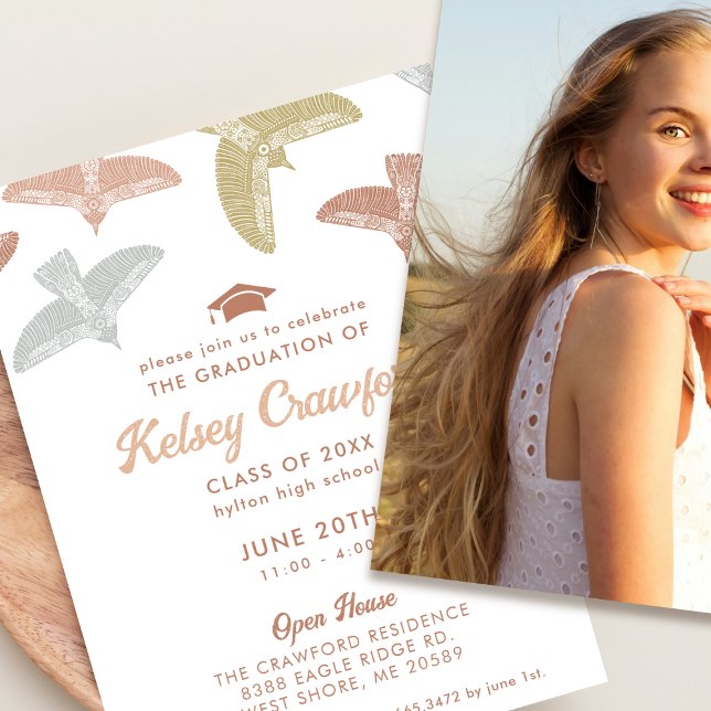 Folk Art Birds Photo Graduation Party Invitation (Creator Uploaded)