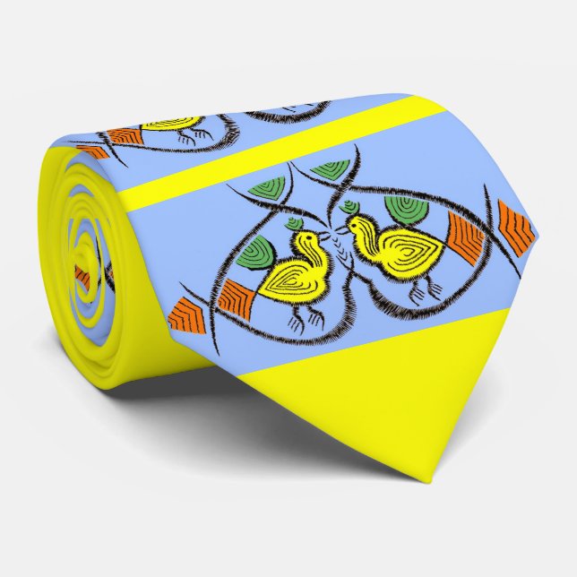 folk art birds print neck tie (Rolled)