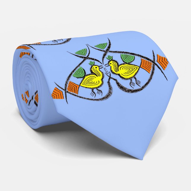 folk art birds print neck tie (Rolled)