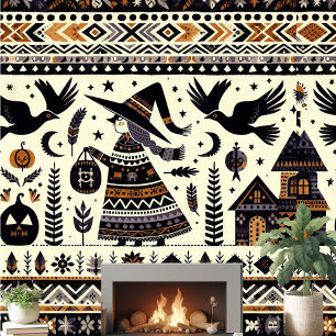 Folk Art Black Birds Pumpkins Witch Haunted House Wallpaper