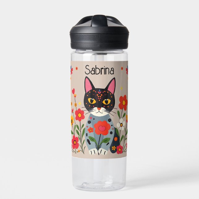 Folk Art Black Cat and Flowers Personalized Water Bottle (Front)