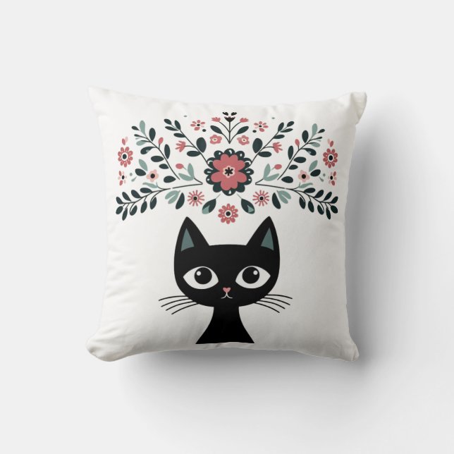 Folk Art Black Cat and Flowers Throw Pillow (Front)