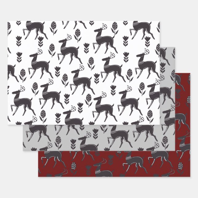 Folk Art Black Deer Trio II Wrapping Paper Sheets (Set)