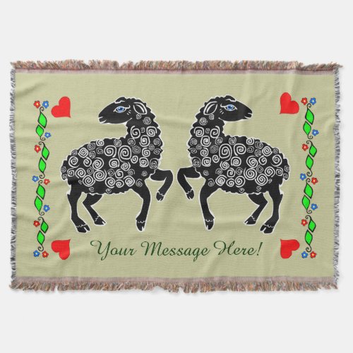 Folk Art Black Sheep Lambs Flowers Your Message Throw Blanket