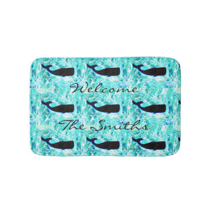 folk art black whales on blue Thunder_Cove Bathroom Mat