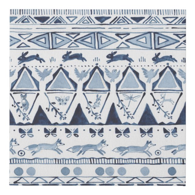 Folk Art Blue Woodland Animal Fox Rabbit Pattern Faux Canvas Print (Front)