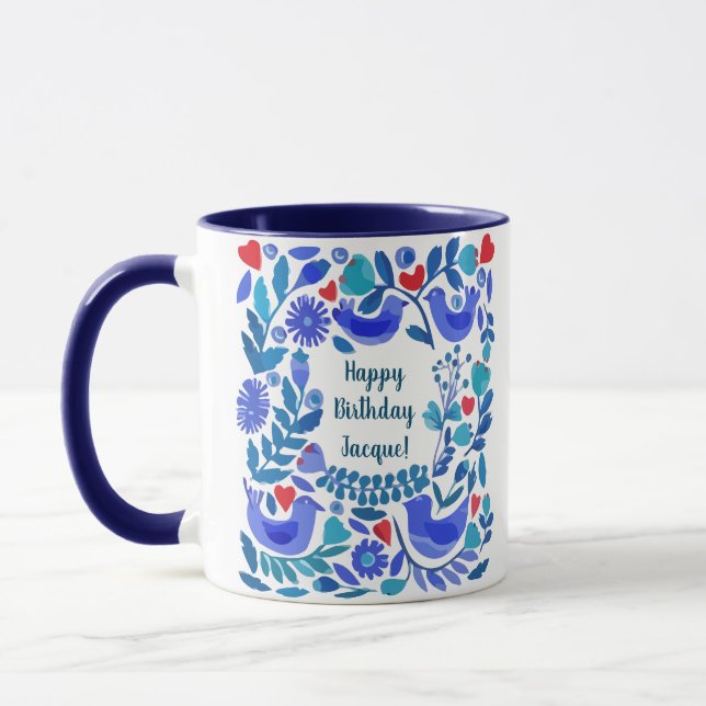 Folk Art Bluebird Personalized Birthday Gift Mug (Left)