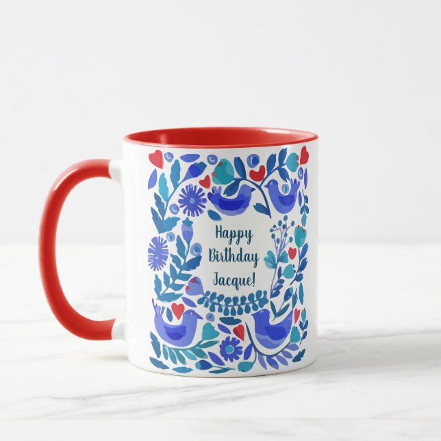 Folk Art Bluebird Personalized Birthday Gift Mug (Left)