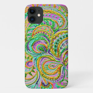 Folk Art Boho Fantasy Green Yellow Pink Pattern iPhone 11 Case