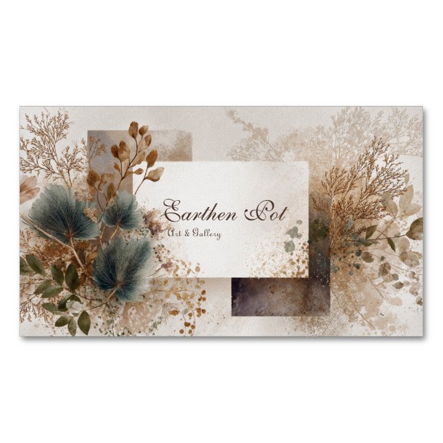 Folk Art Botanical Abstract Blue Green Beige Business Card Magnet (Front)