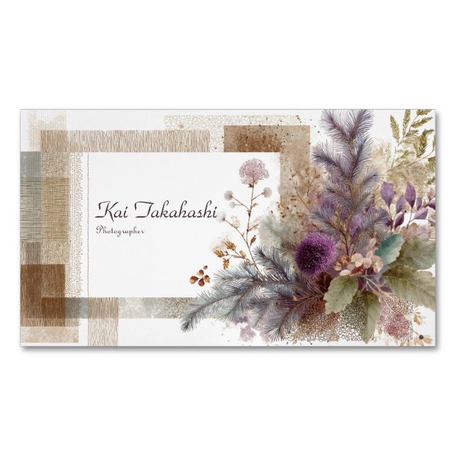 Folk Art Botanical Abstract Purple Thistle Rustic Business Card Magnet (Front)