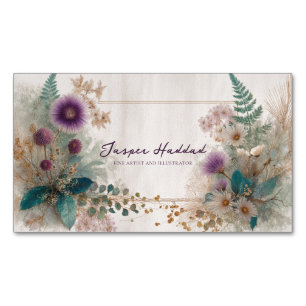 Folk Art Botanical Purple Thistle Gold Accent Business Card Magnet