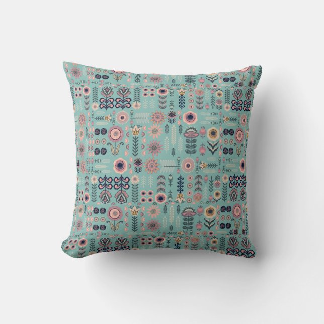 Folk Art Botanical Seamless Pattern Throw Pillow (Front)