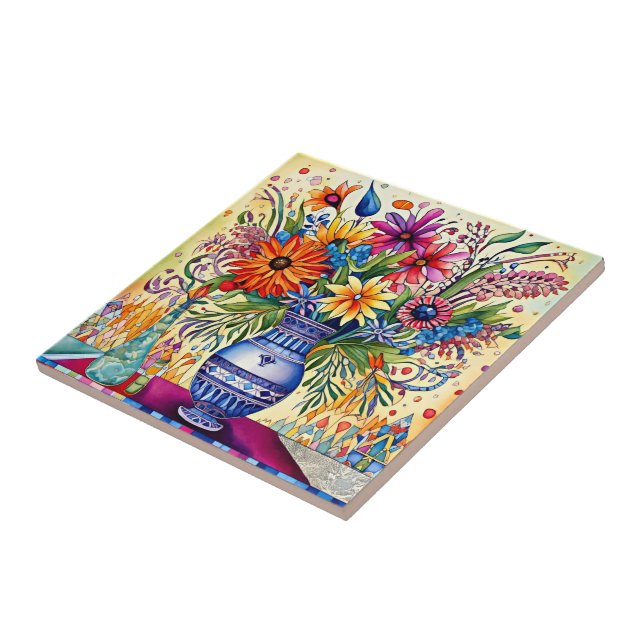 Folk Art Bouquet Ceramic Tile (Side)