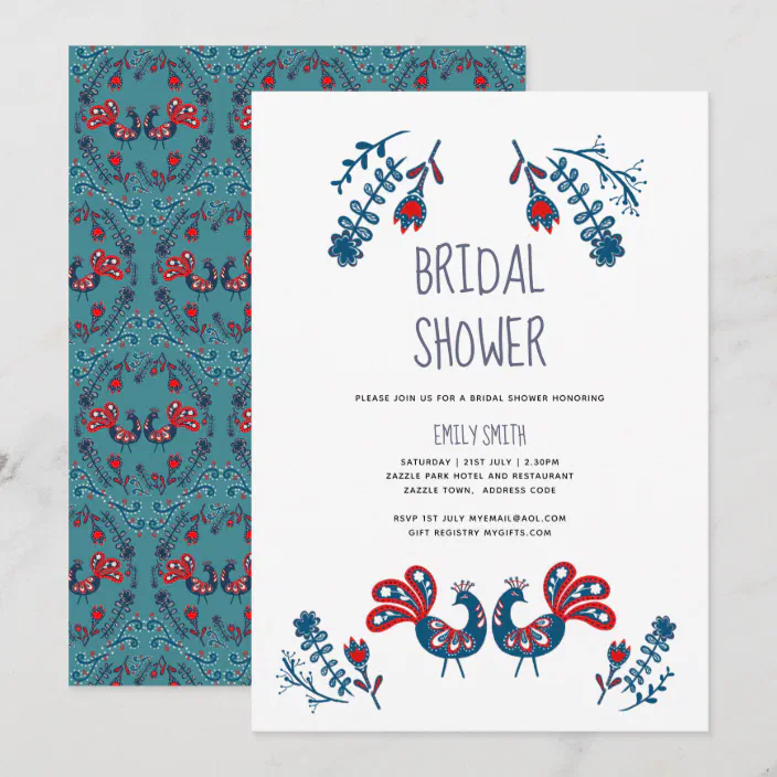 Folk Art Bridal Shower Invites Scandinavian Birds Zazzle Com