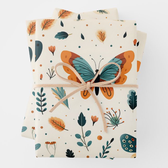 Folk Art Butterflies with Teal and Terracotta Wrapping Paper Sheets (In situ)