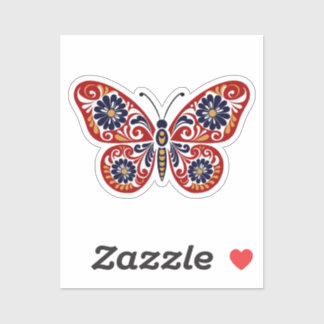 Folk Art Butterfly Sticker - Red & Navy Blue Flora