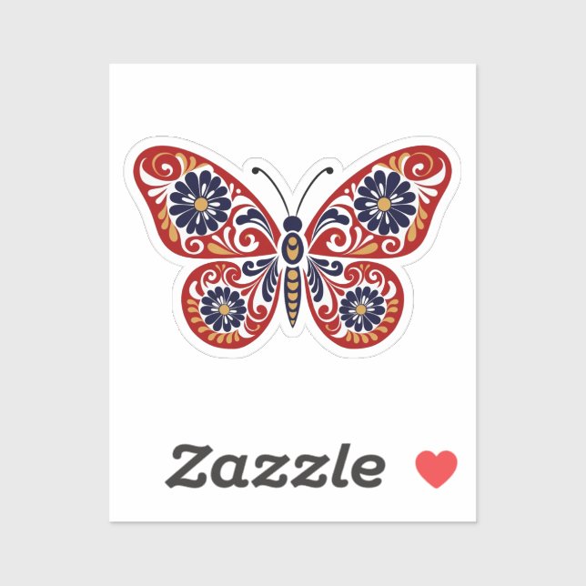 Folk Art Butterfly Sticker - Red & Navy Blue Flora (Sheet)
