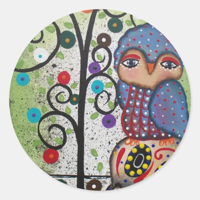 Folk Art By Lori Everett OWL Classic Round Sticker (Front)