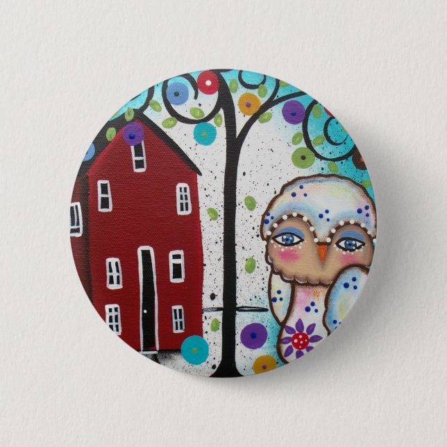 Folk Art By Lori Everett OWLS Pinback Button (Front)
