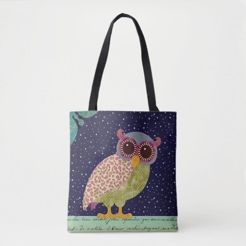 Folk Art Calico Pattern Owl at Night Tote Bag