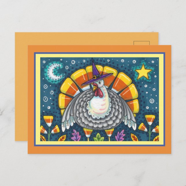 FOLK ART CANDY CORN TURKEY PILGRIM, THANKSGIVING POSTCARD (Front/Back)