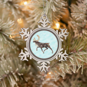 Folk Art Caribou/Reindeer Snowflake Pewter Christmas Ornament