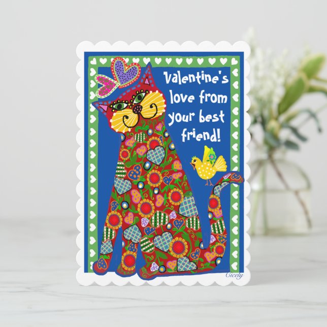 Folk Art Cat Flat Valentine Card (Standing Front)