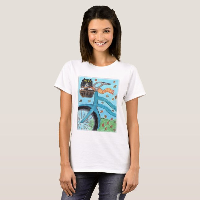 Folk Art Cat in Bike Basket Folk Art Painting T-Shirt (Front Full)