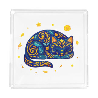 Folk Art Cat in Blue Acrylic Tray