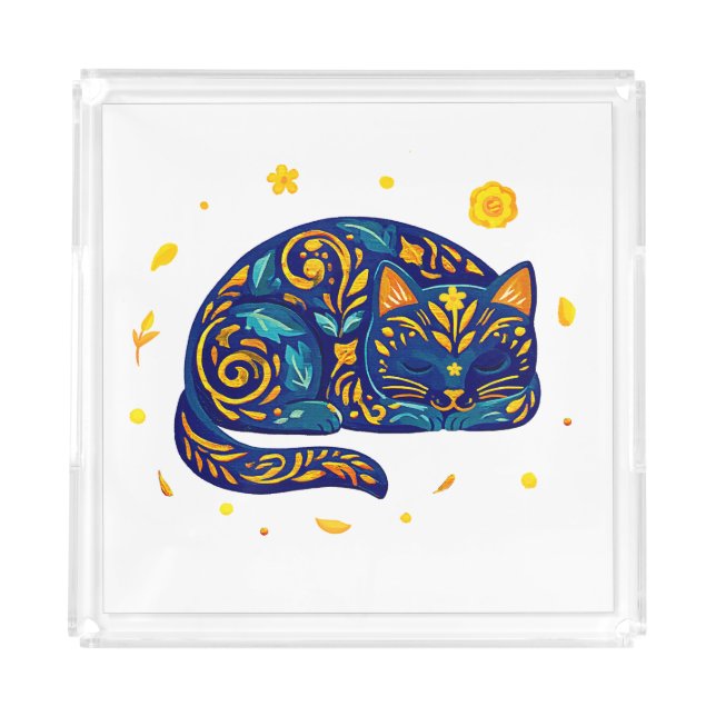 Folk Art Cat in Blue Acrylic Tray (Front)