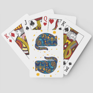 Folk Art Cat in Blue Poker Cards