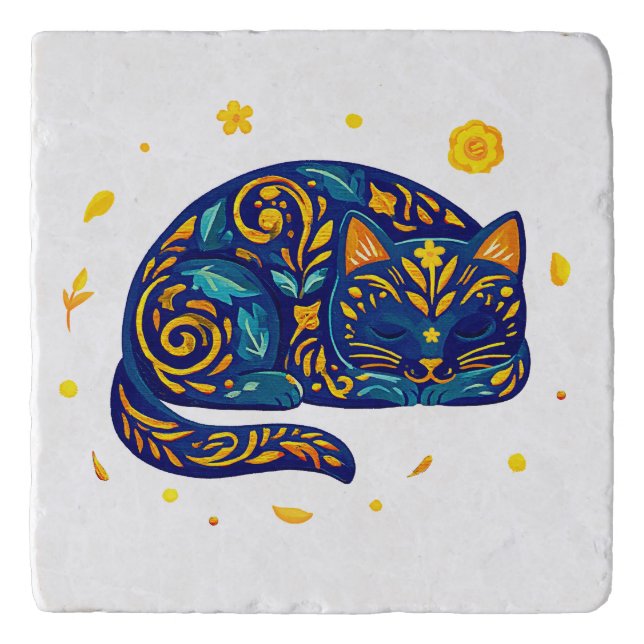 Folk Art Cat in Blue Trivet (Front)