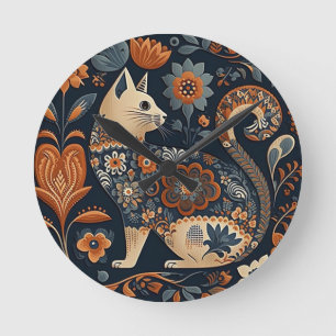 Folk Art Cat with Orange and Blue Gray Flowers Round Clock