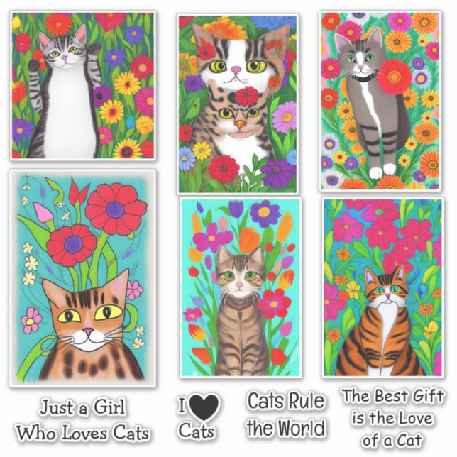 Folk Art Cats and Colorful Flowers Sticker (Front)